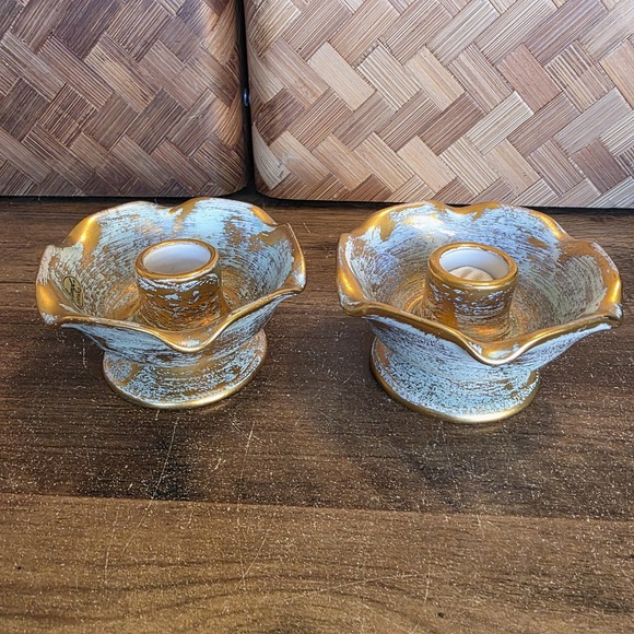 Stangl Aqua & 22k Gold Candlesticks 5069 Pottery Labels Vintage MCM Decor 4"x2" - Picture 1 of 9